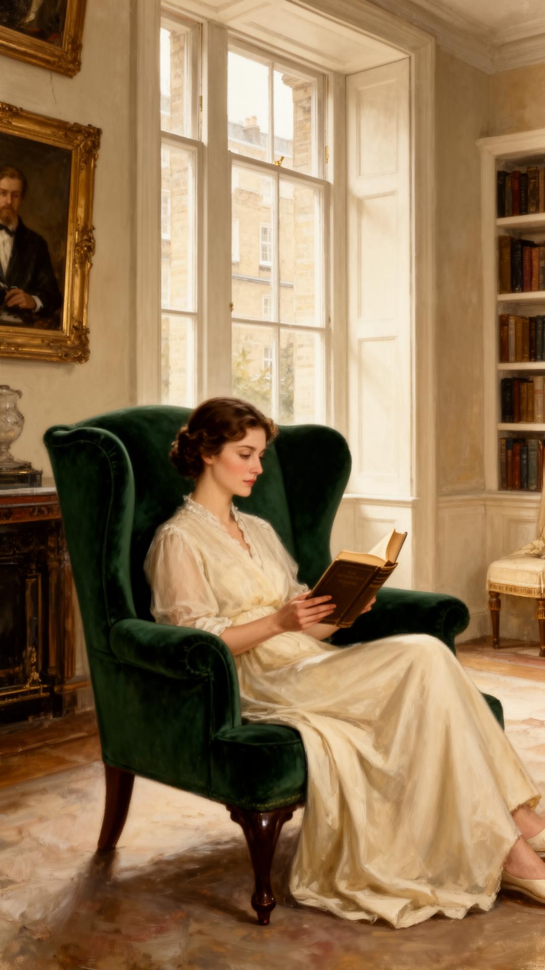 A woman reading in a green velvet wingback chair in a sunlit Chelsea library